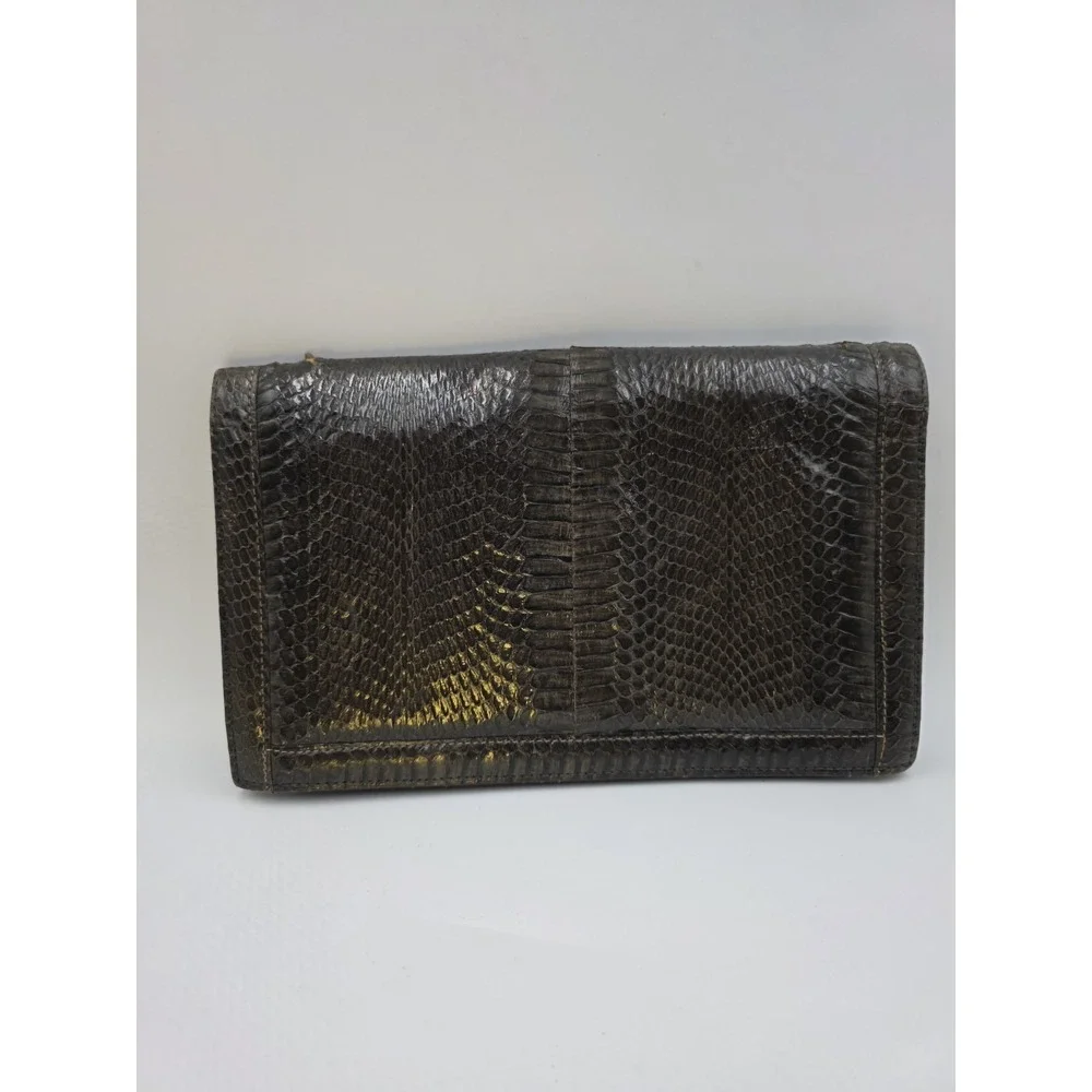 VTG Genuine Snakeskin Clutch Purse 11x6.5 Dark Brown Suede Lined Evening Bag MCM